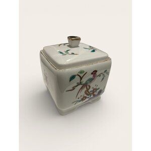 Vintage Stunning trinket box tea caddy made in Japan birds gold inlay and lid